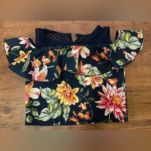 Knitworks Navy Floral Ruffle Blouse Crop Top